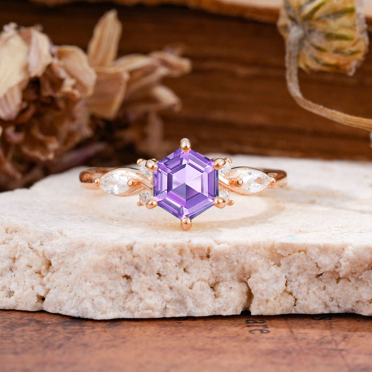 Nature Inspired 6 Prong Leaf Hexagon Cut Amethyst Engagement Ring - Additional view