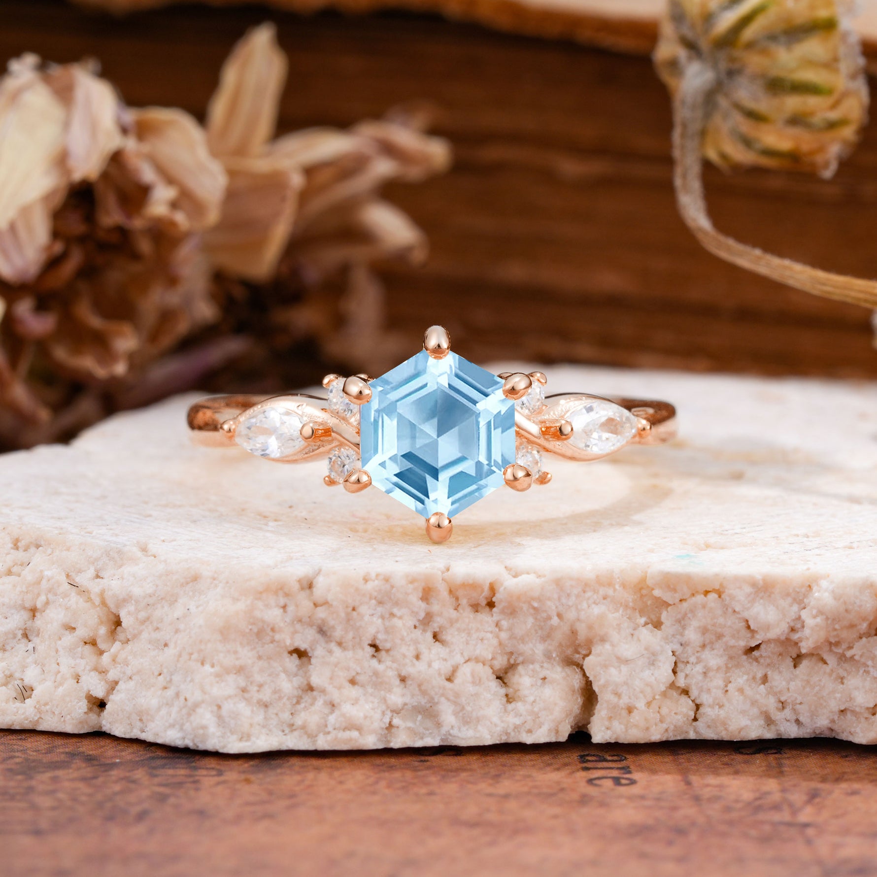 Nature Inspired 6 Prong Leaf Hexagon Cut Aquamarine Engagement Ring - Additional view