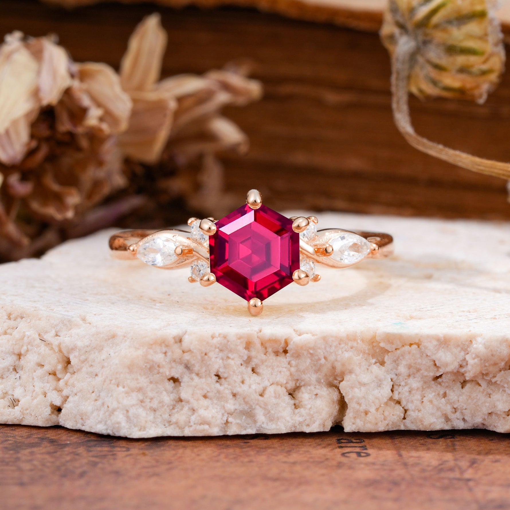 Nature Inspired 6 Prong Leaf Hexagon Cut Ruby Engagement Ring - Additional view
