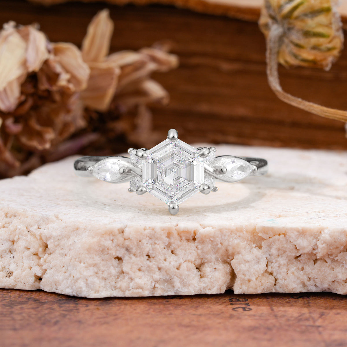 Nature Inspired 6 Prong Leaf Hexagon Cut Moissanite Engagement Ring - Additional view