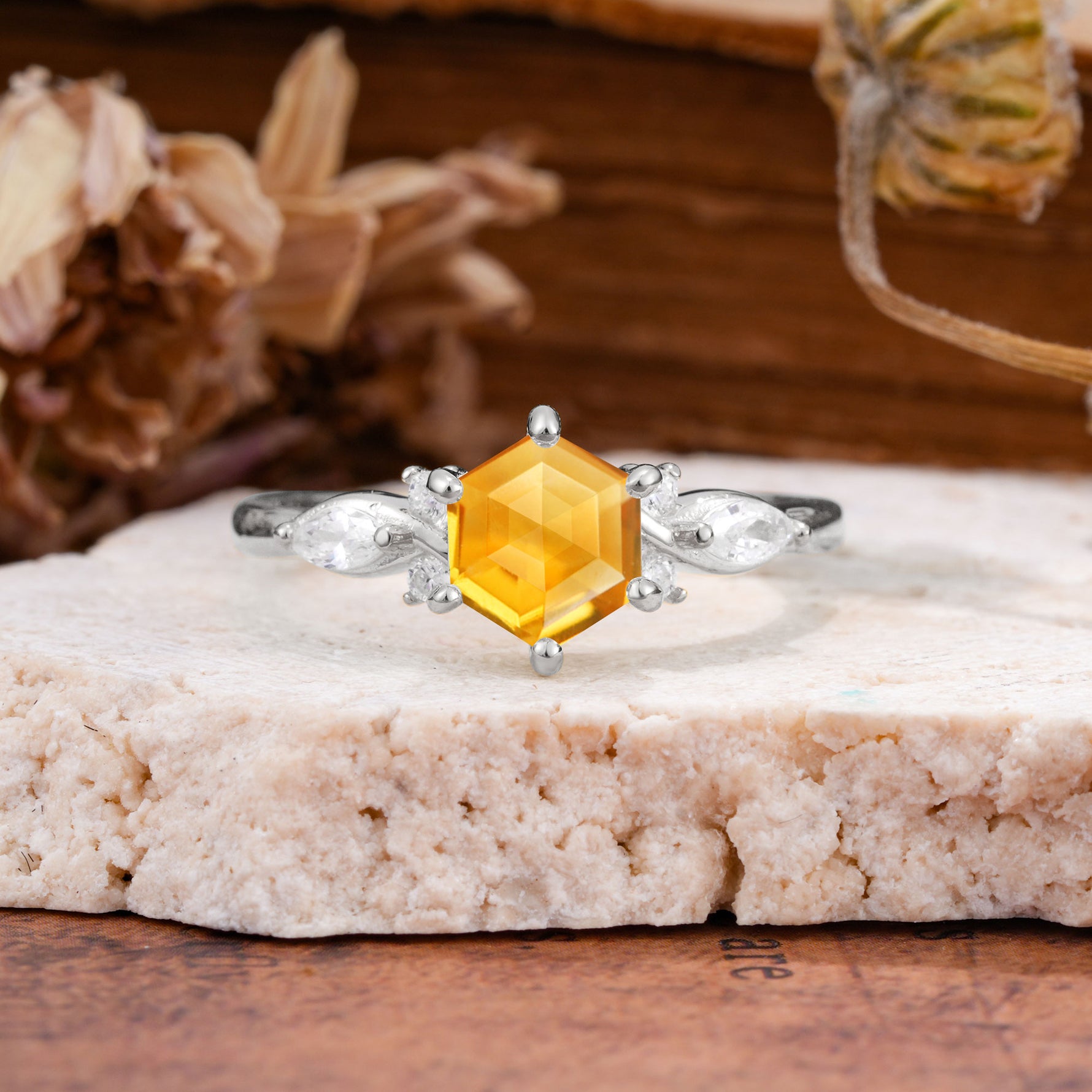 Nature Inspired 6 Prong Leaf Hexagon Cut Citrine Engagement Ring - Additional view
