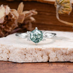 Nature Inspired 6 Prong Leaf Hexagon Cut Moss Agate Engagement Ring - Additional view