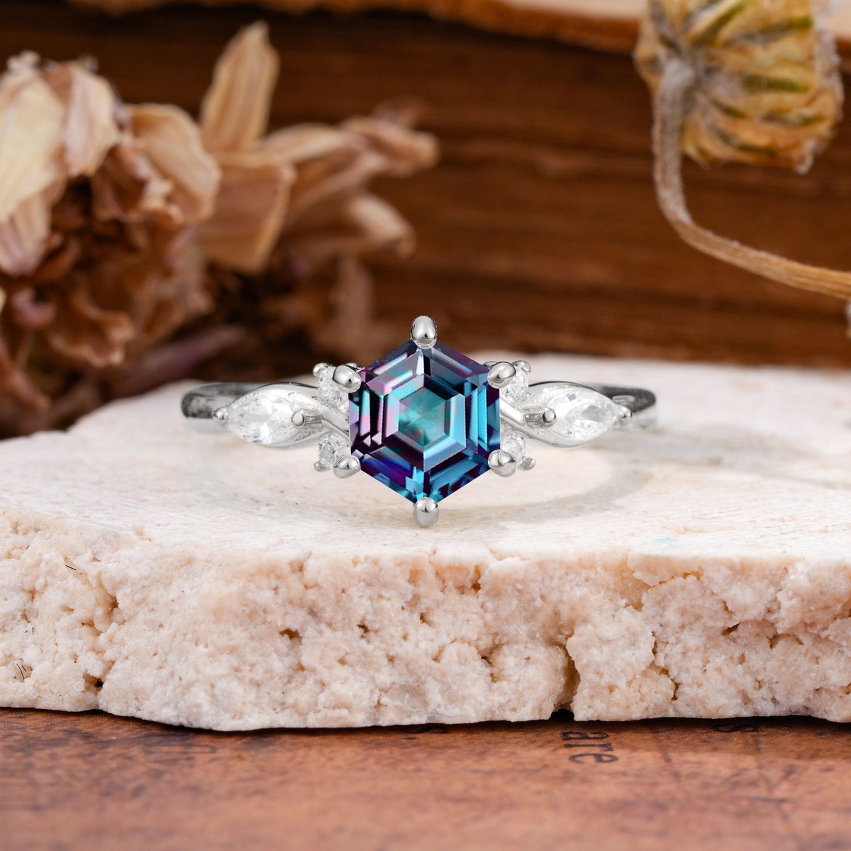 Nature Inspired 6 Prong Leaf Hexagon Cut Alexandrite Engagement Ring - Additional view