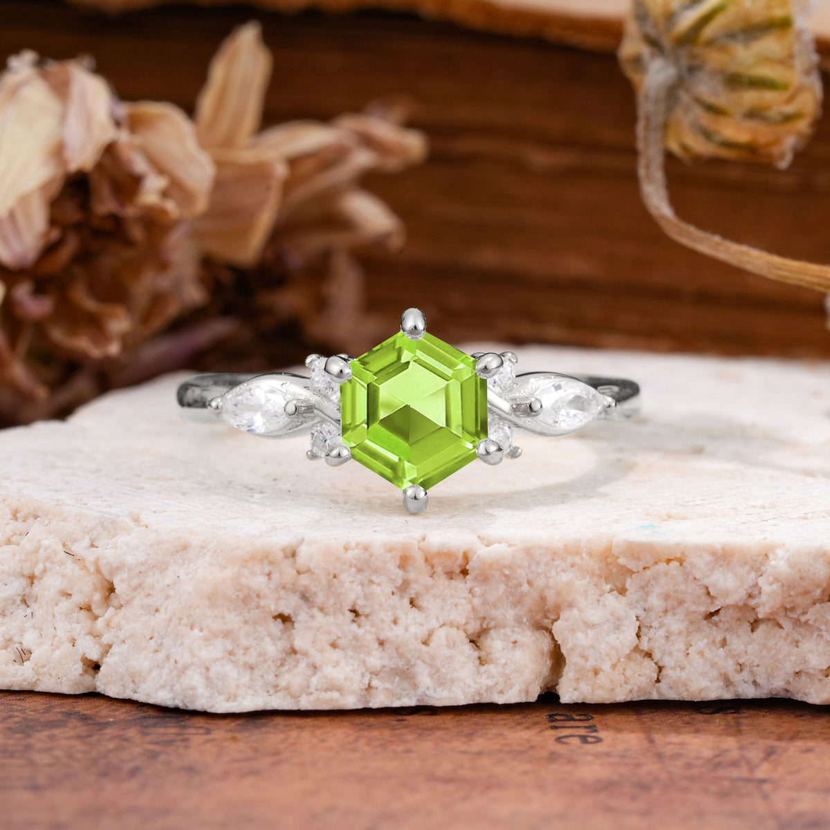 Nature Inspired 6 Prong Leaf Hexagon Cut Peridot Engagement Ring - Additional view
