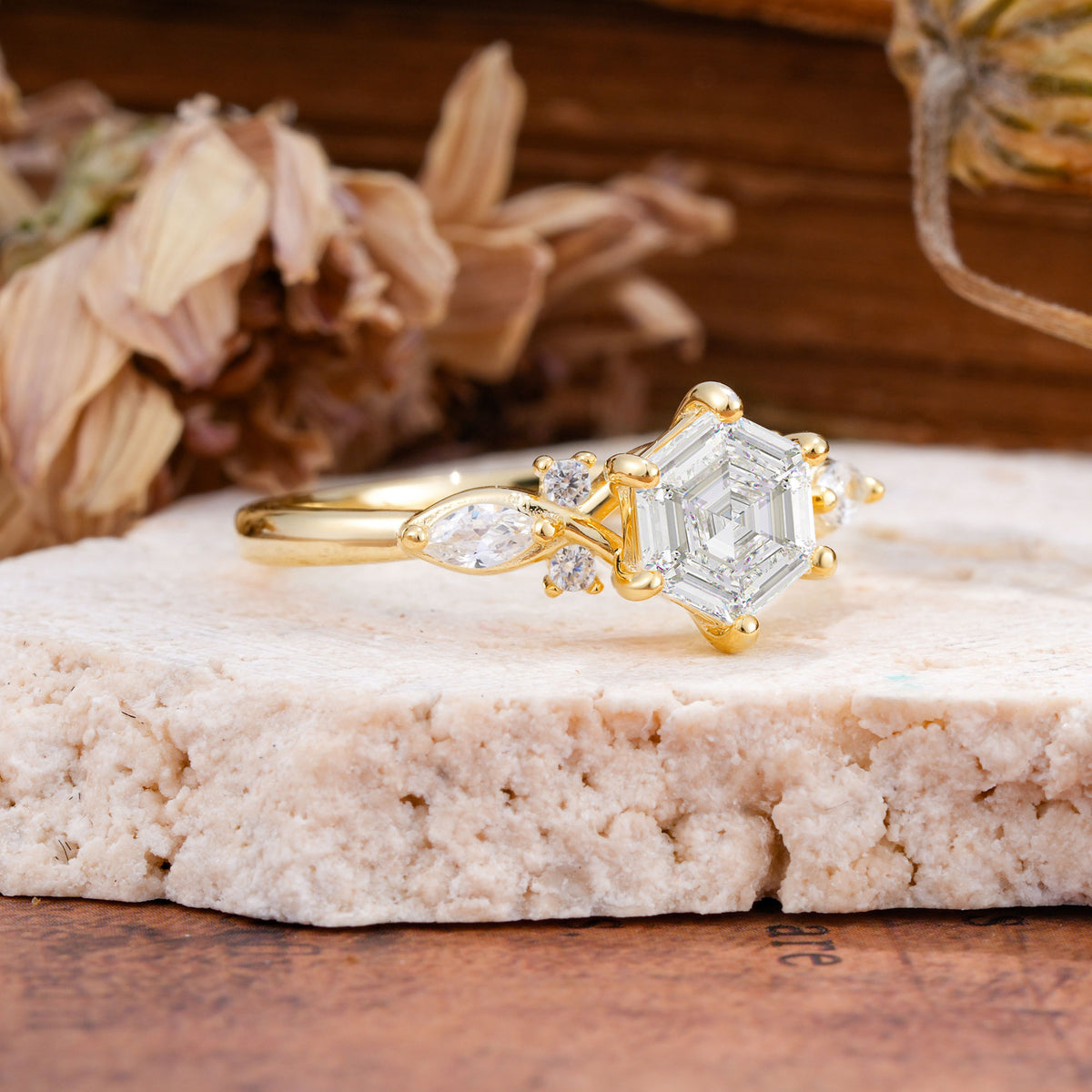 Nature Inspired 6 Prong Leaf Hexagon Cut Moissanite Engagement Ring - Additional view