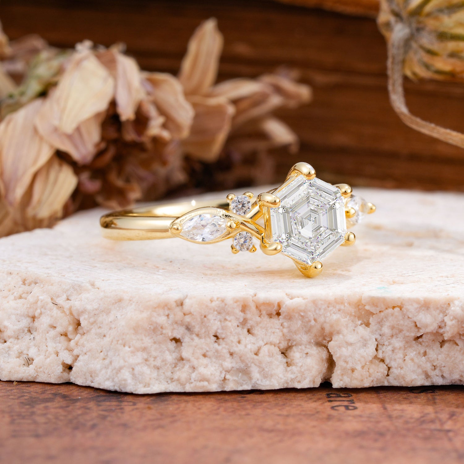 Nature Inspired 6 Prong Leaf Hexagon Cut Moissanite Engagement Ring - Additional view