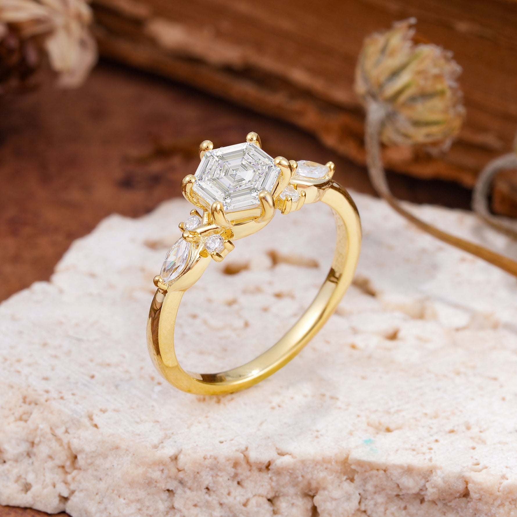 Nature Inspired 6 Prong Leaf Hexagon Cut Moissanite Engagement Ring - Additional view