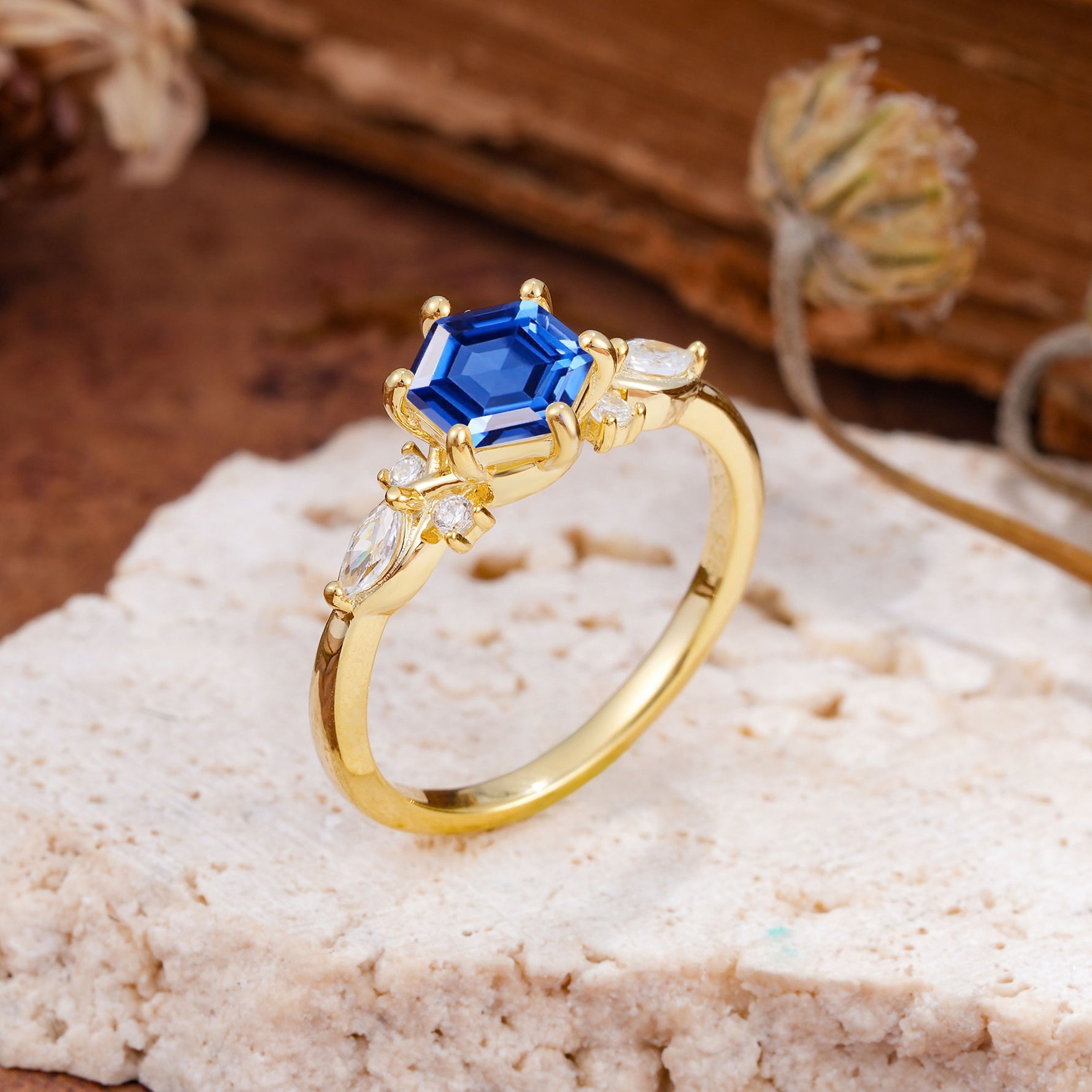 Nature Inspired 6 Prong Leaf Hexagon Cut Sapphire Engagement Ring - Additional view