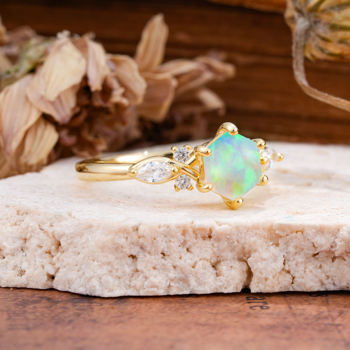 Nature Inspired 6 Prong Leaf Hexagon Cut Fire Opal Engagement Ring - Additional view