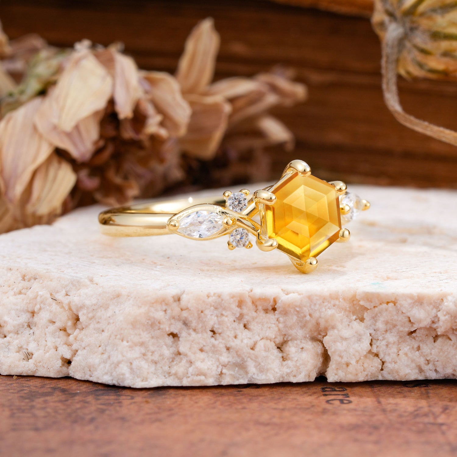 Nature Inspired 6 Prong Leaf Hexagon Cut Citrine Engagement Ring - Additional view