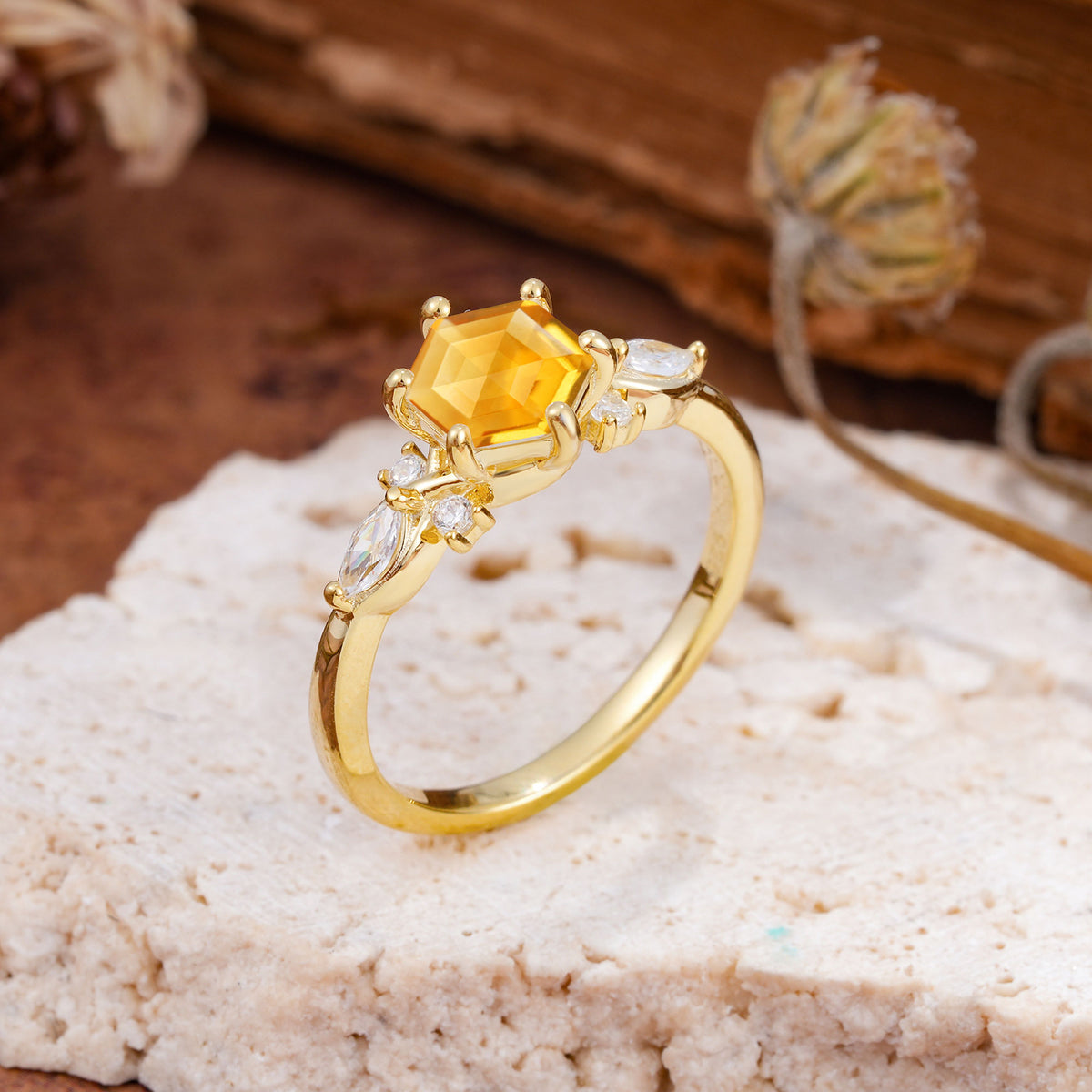 Nature Inspired 6 Prong Leaf Hexagon Cut Citrine Engagement Ring - Additional view