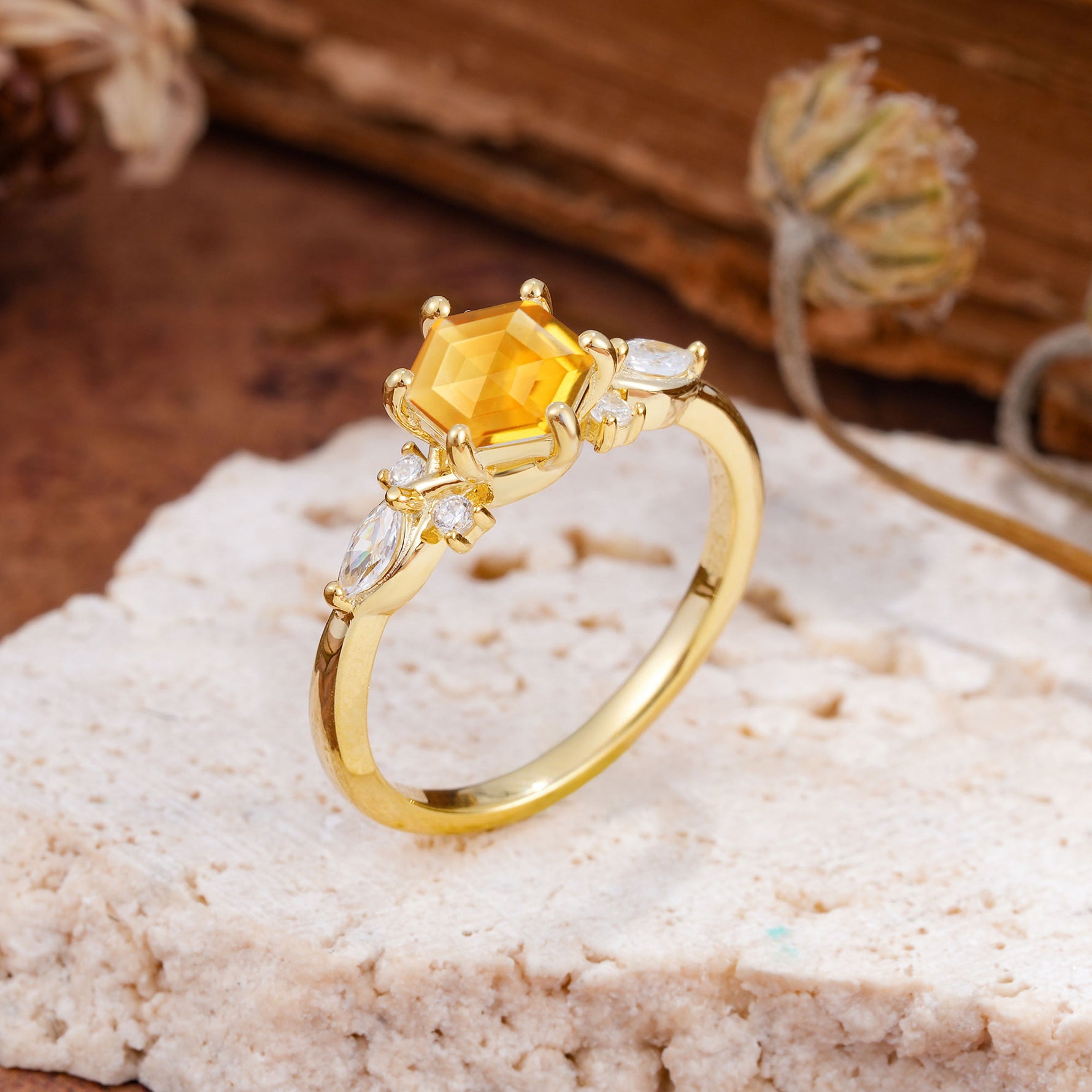 Nature Inspired 6 Prong Leaf Hexagon Cut Citrine Engagement Ring - Additional view
