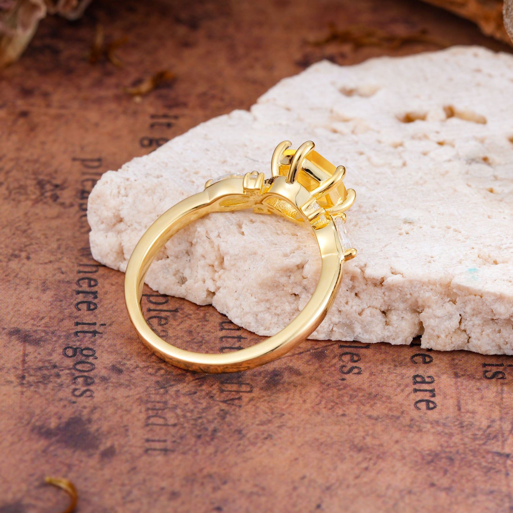 Nature Inspired 6 Prong Leaf Hexagon Cut Citrine Engagement Ring - Additional view