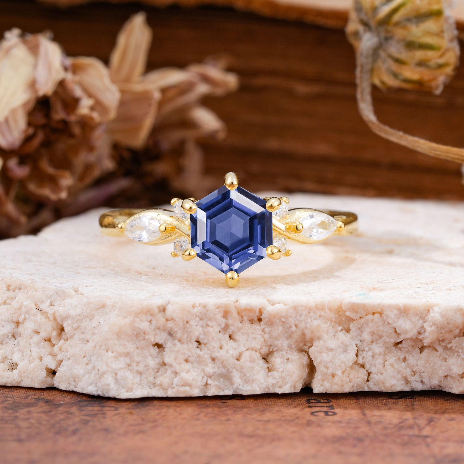 Nature Inspired 6 Prong Leaf Hexagon Cut Tanzanite Engagement Ring - Additional view