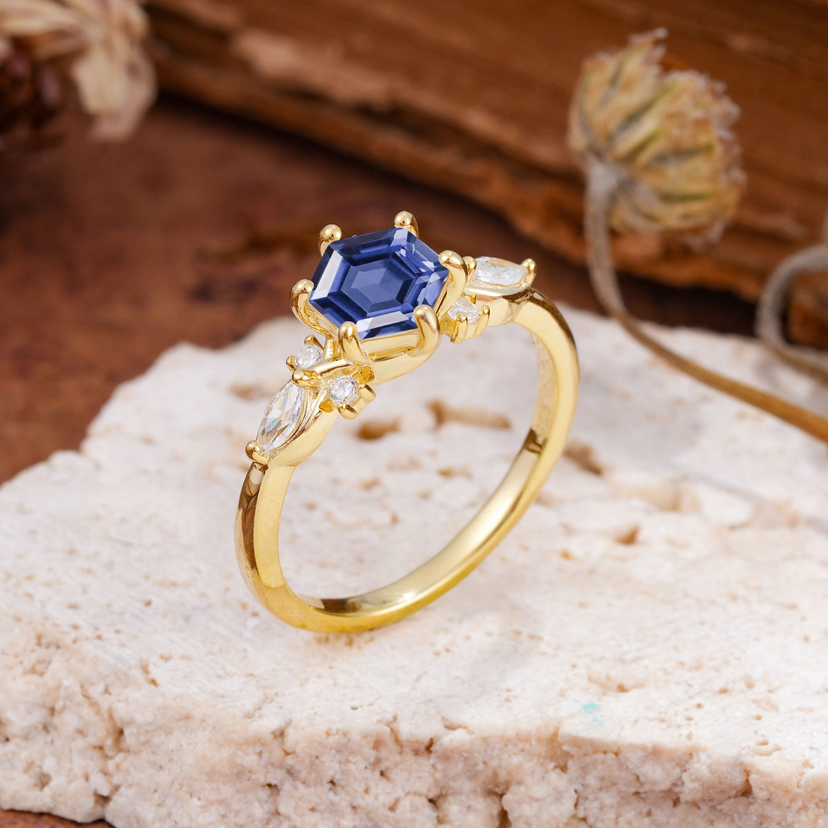 Nature Inspired 6 Prong Leaf Hexagon Cut Tanzanite Engagement Ring - Additional view