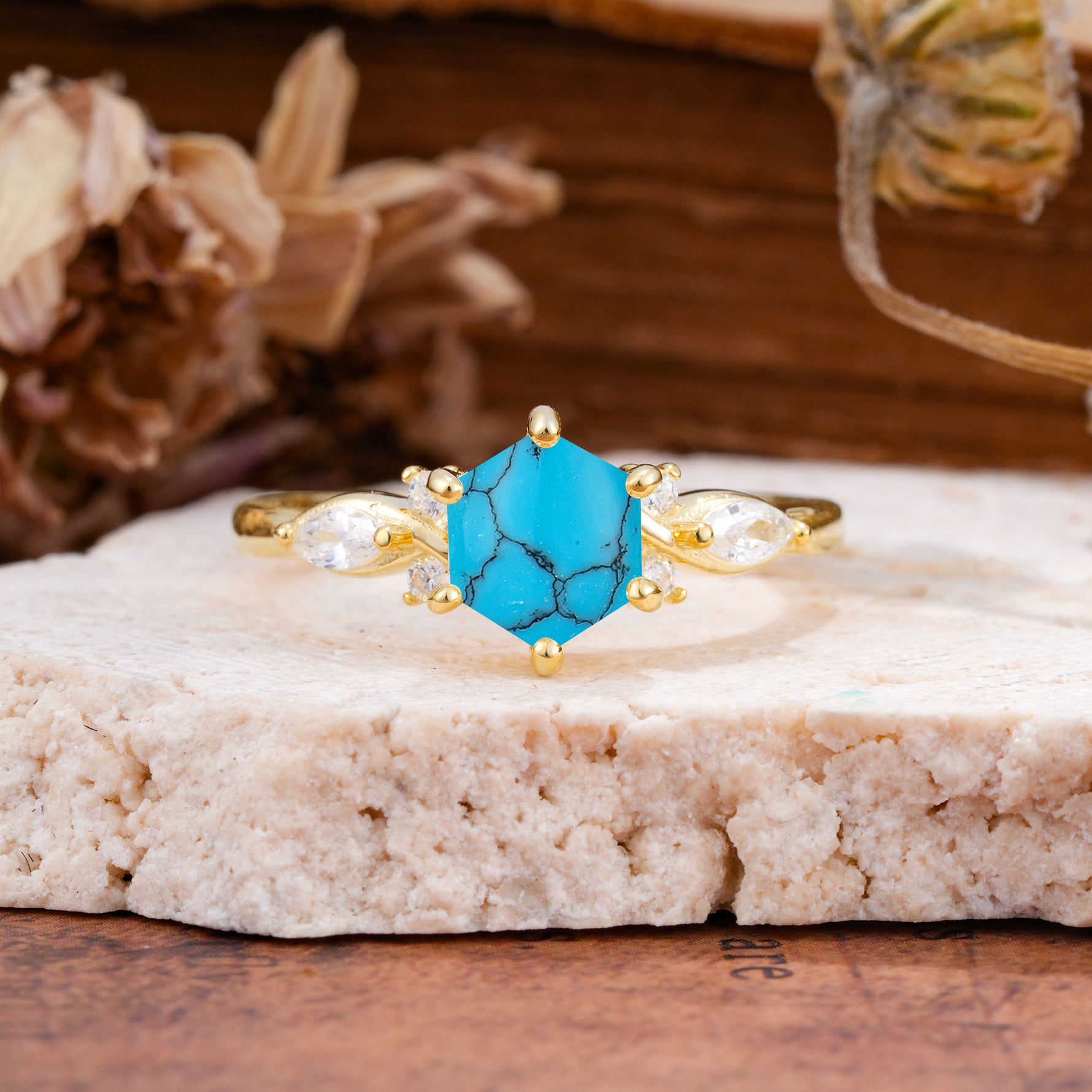 Nature Inspired 6 Prong Leaf Hexagon Cut Turquoise Engagement Ring - Additional view