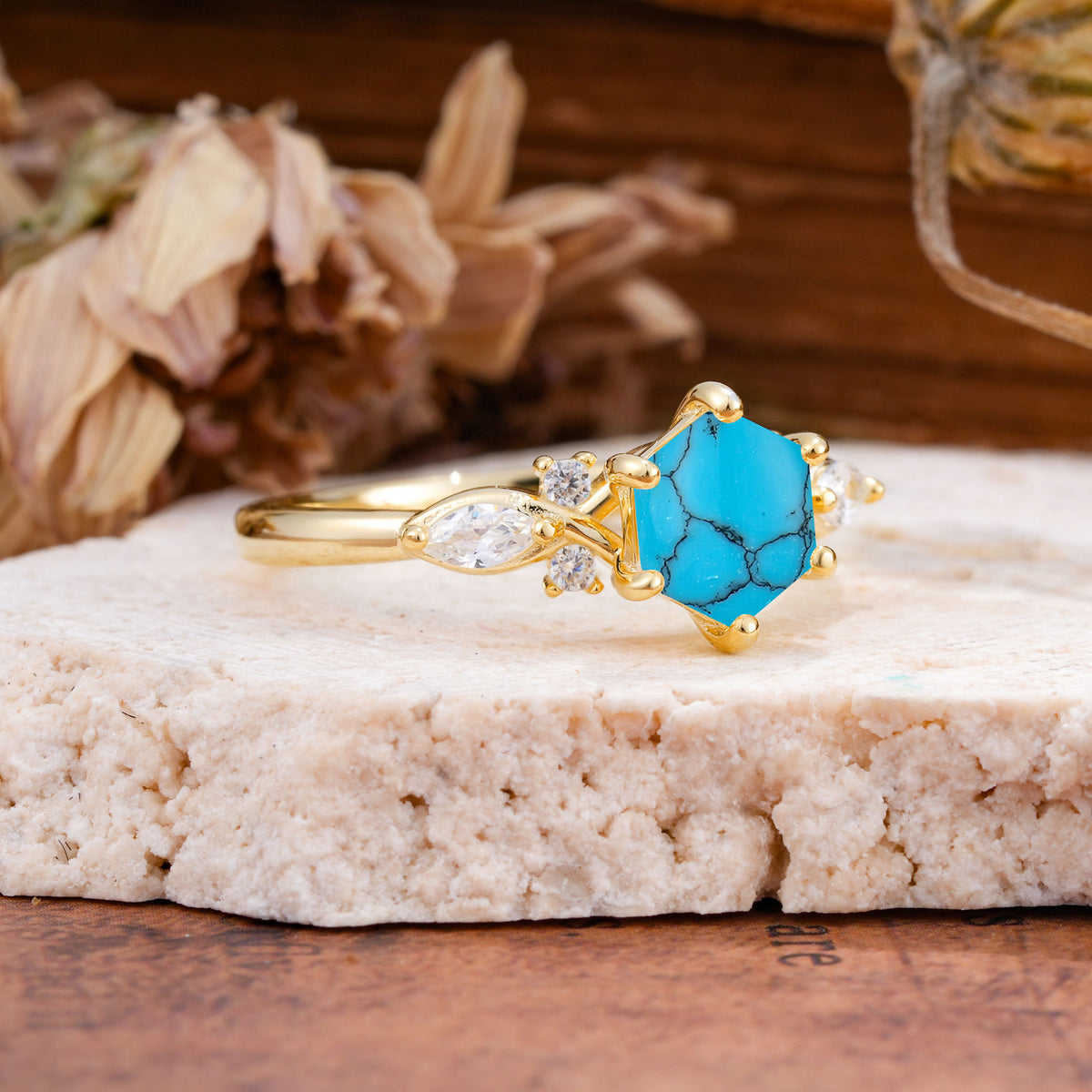 Nature Inspired 6 Prong Leaf Hexagon Cut Turquoise Engagement Ring - Additional view