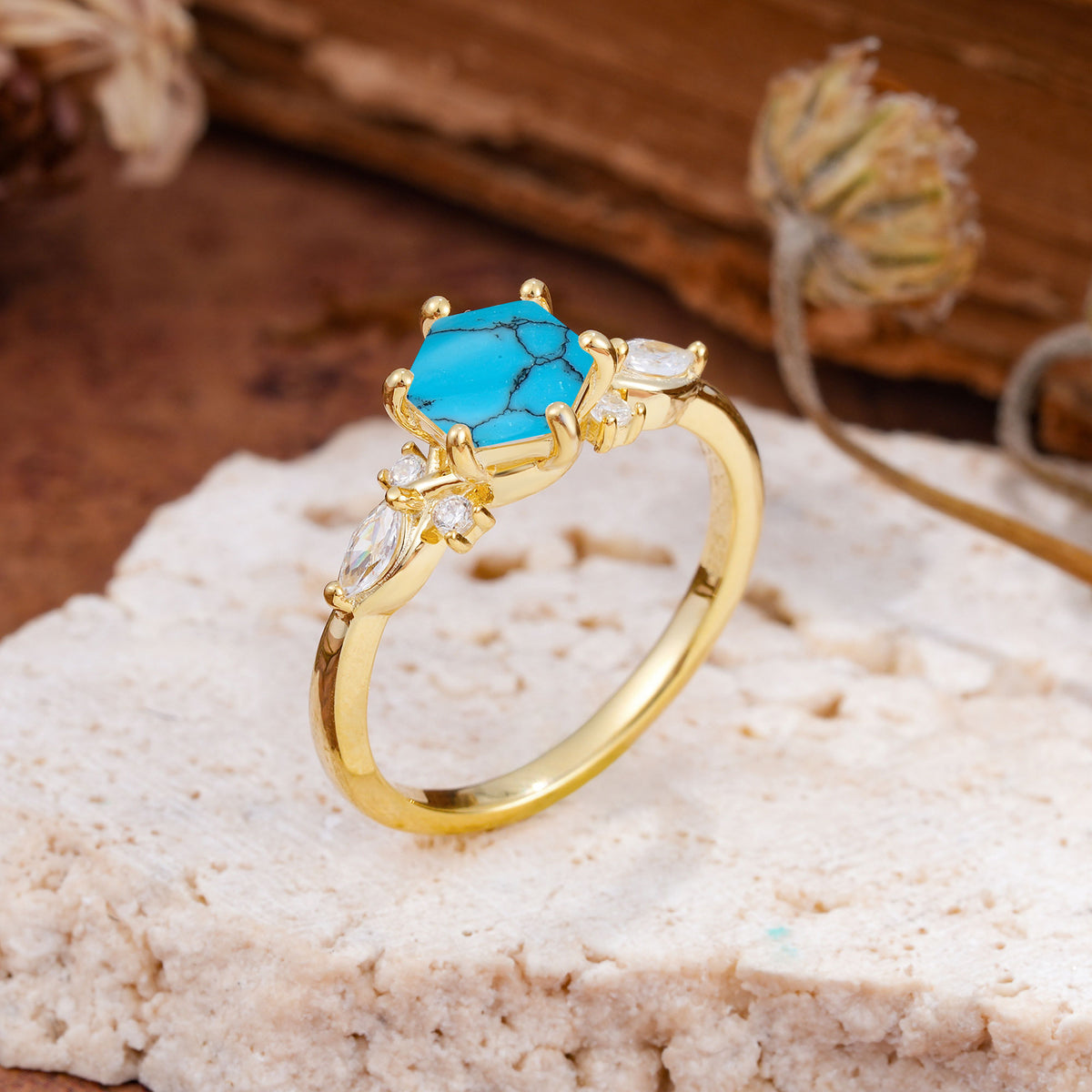 Nature Inspired 6 Prong Leaf Hexagon Cut Turquoise Engagement Ring - Additional view