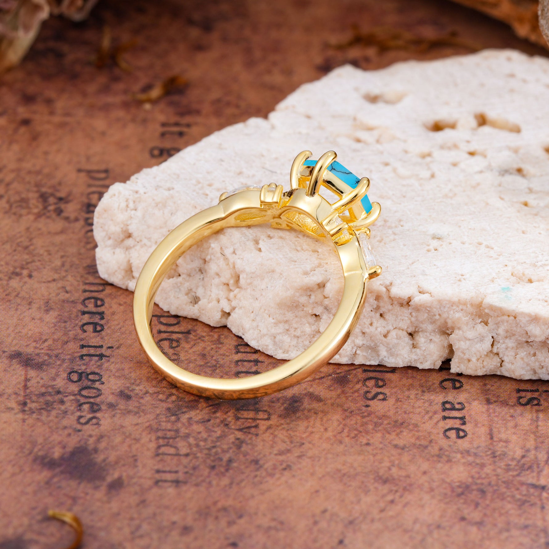 Nature Inspired 6 Prong Leaf Hexagon Cut Turquoise Engagement Ring - Additional view