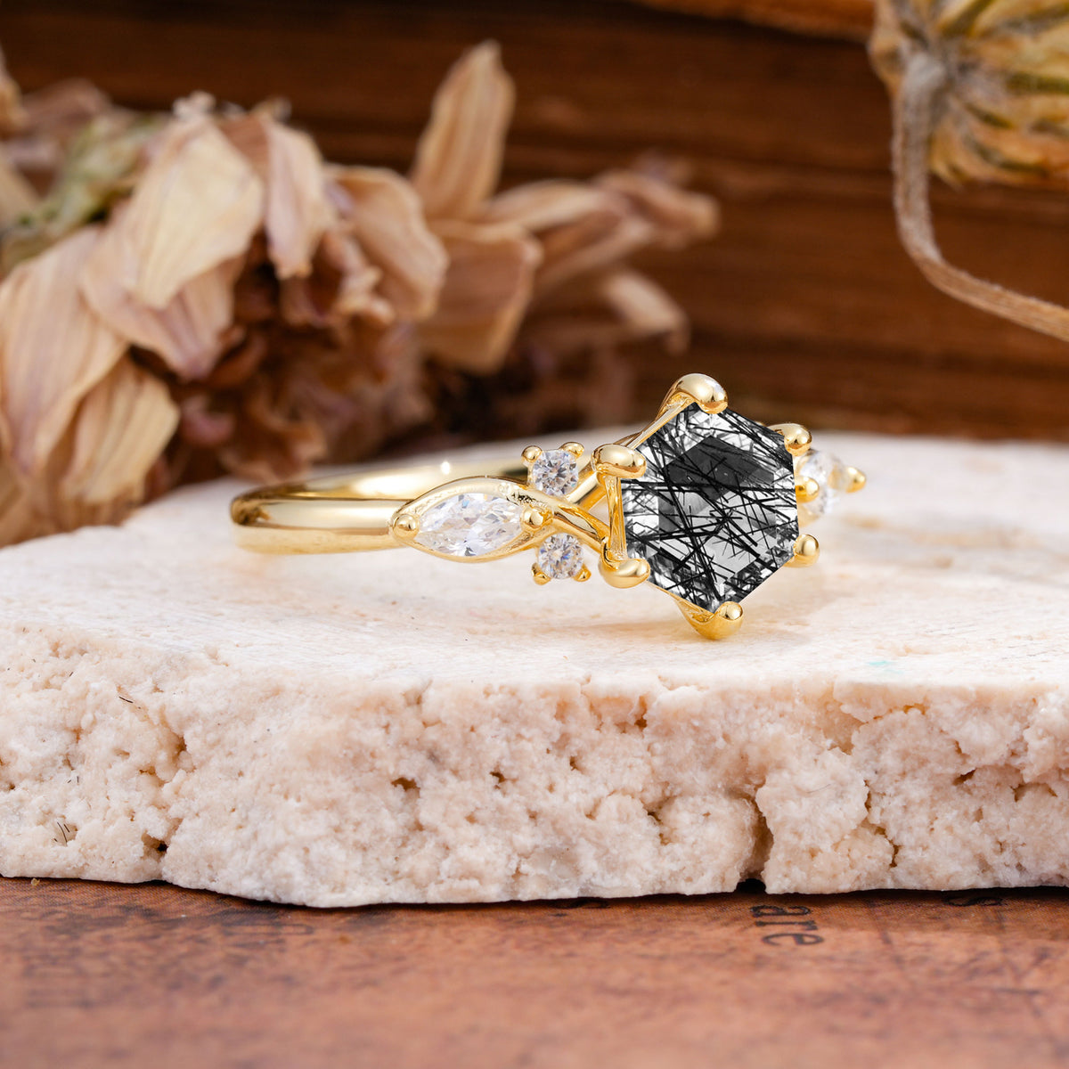 Nature Inspired 6 Prong Leaf Hexagon Cut Black Rutilated Quartz Engagement Ring - Additional view