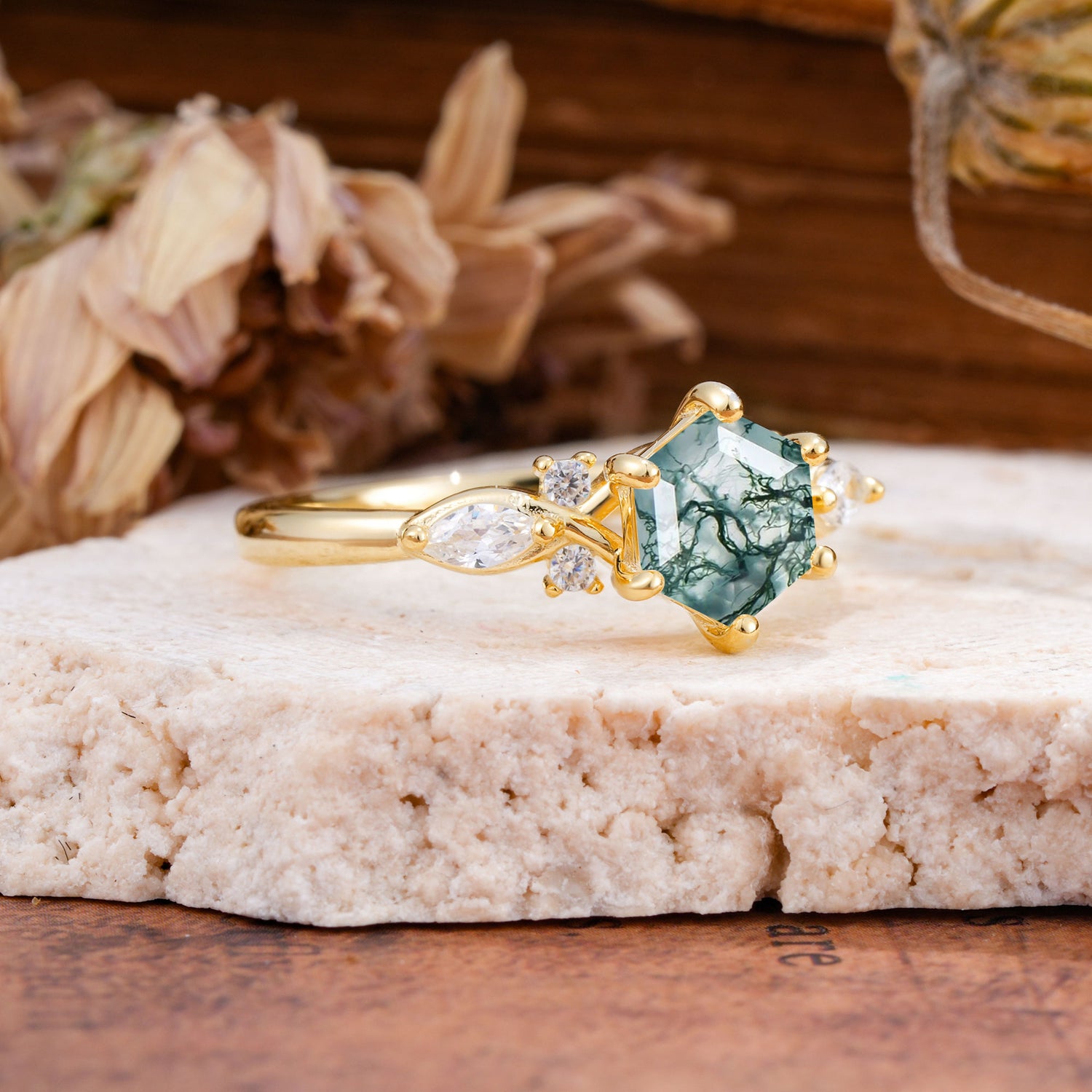 Nature Inspired 6 Prong Leaf Hexagon Cut Moss Agate Engagement Ring - Additional view