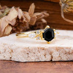 Nature Inspired 6 Prong Leaf Hexagon Cut Black Onyx Engagement Ring - Additional view