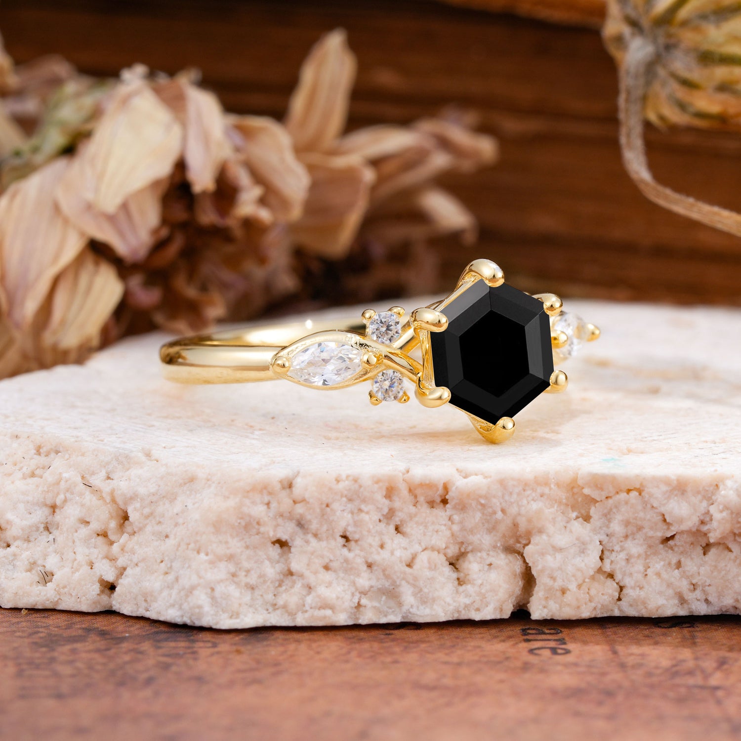 Nature Inspired 6 Prong Leaf Hexagon Cut Black Onyx Engagement Ring - Additional view