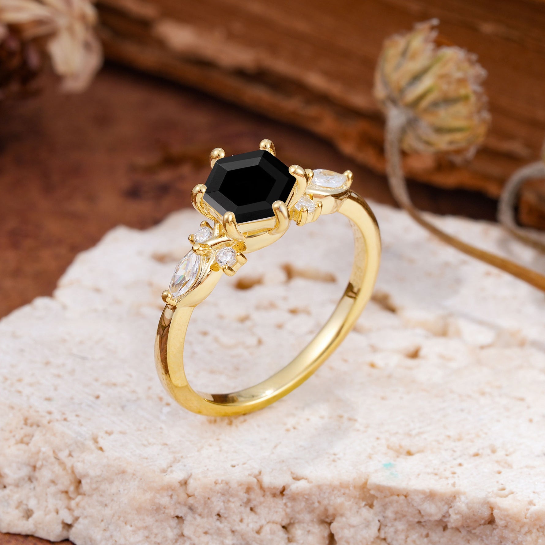 Nature Inspired 6 Prong Leaf Hexagon Cut Black Onyx Engagement Ring - Additional view