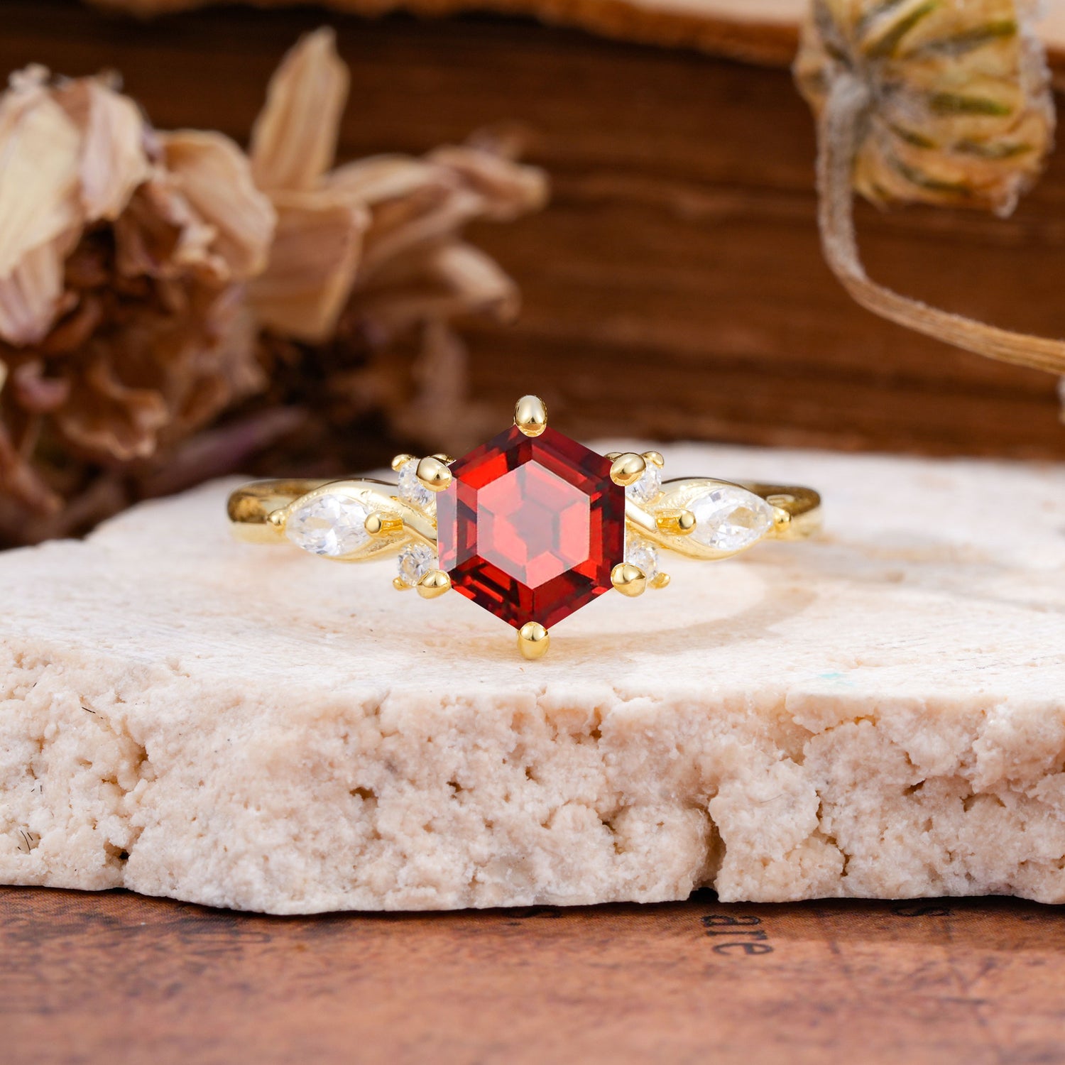 Nature Inspired 6 Prong Leaf Hexagon Cut Garnet Engagement Ring - Additional view