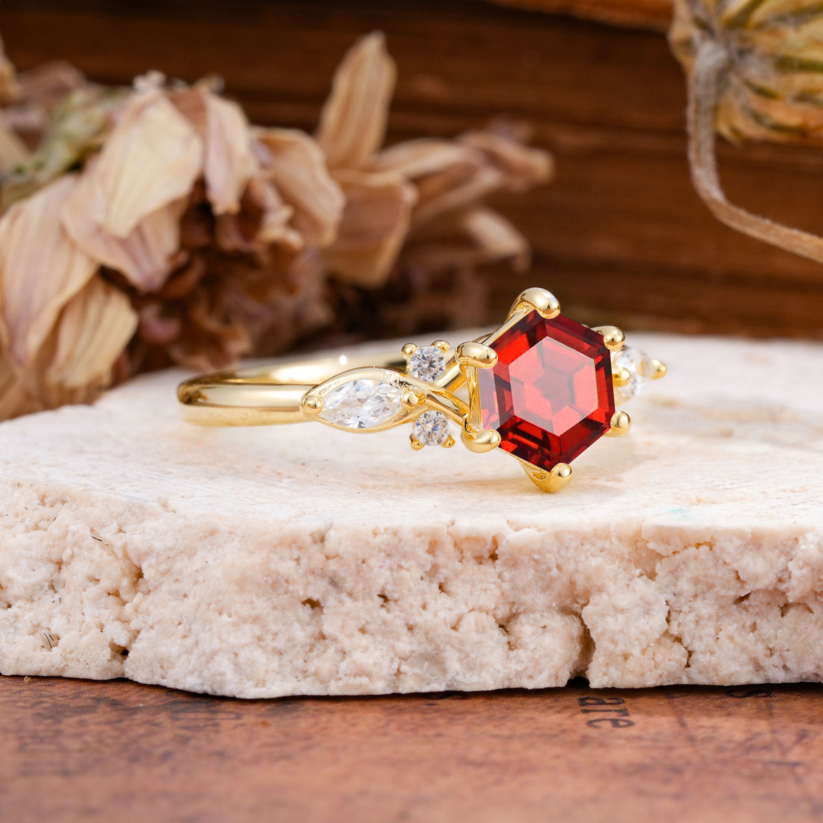 Nature Inspired 6 Prong Leaf Hexagon Cut Garnet Engagement Ring - Additional view