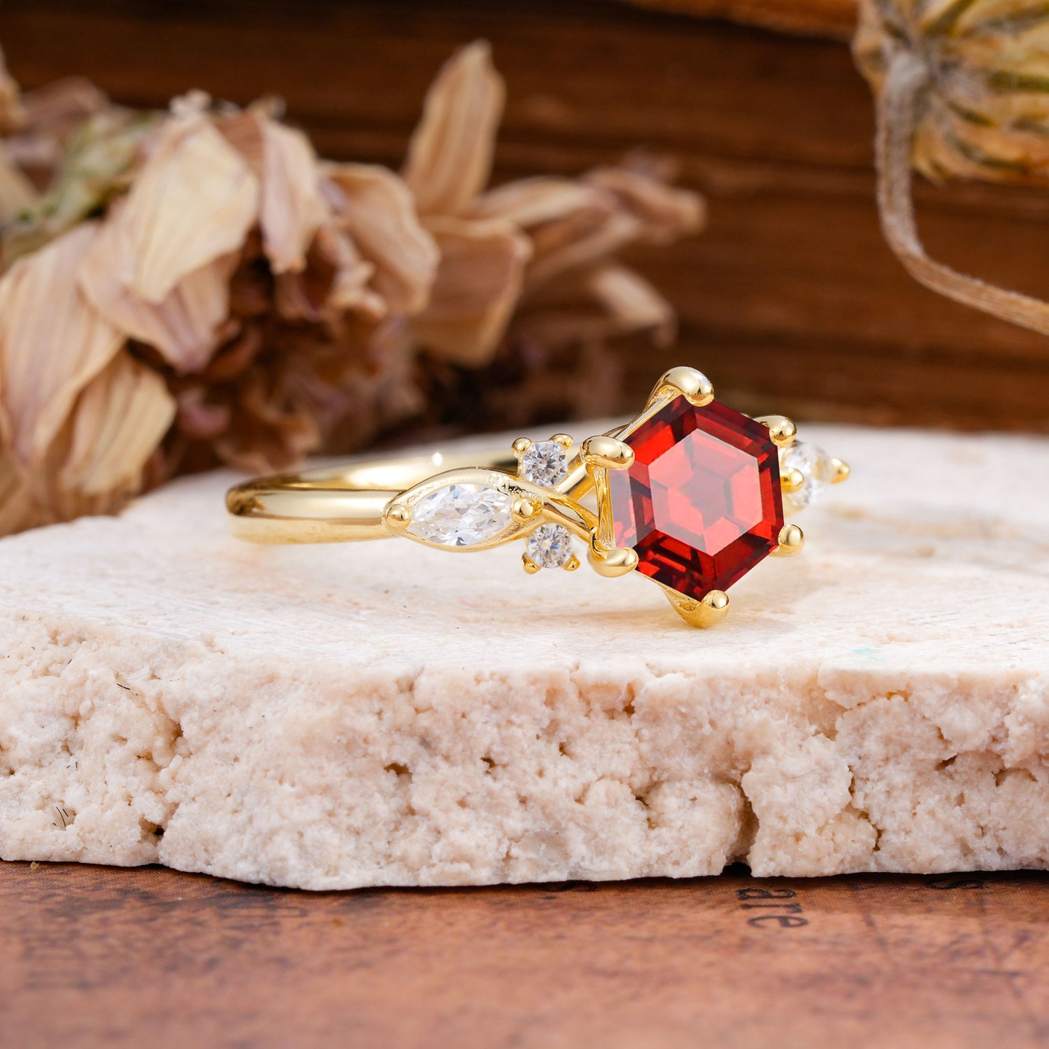 Nature Inspired 6 Prong Leaf Hexagon Cut Garnet Engagement Ring - Additional view