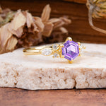 Nature Inspired 6 Prong Leaf Hexagon Cut Amethyst Engagement Ring - Additional view