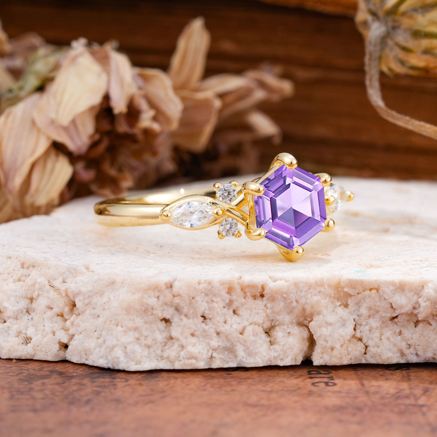 Nature Inspired 6 Prong Leaf Hexagon Cut Amethyst Engagement Ring - Additional view