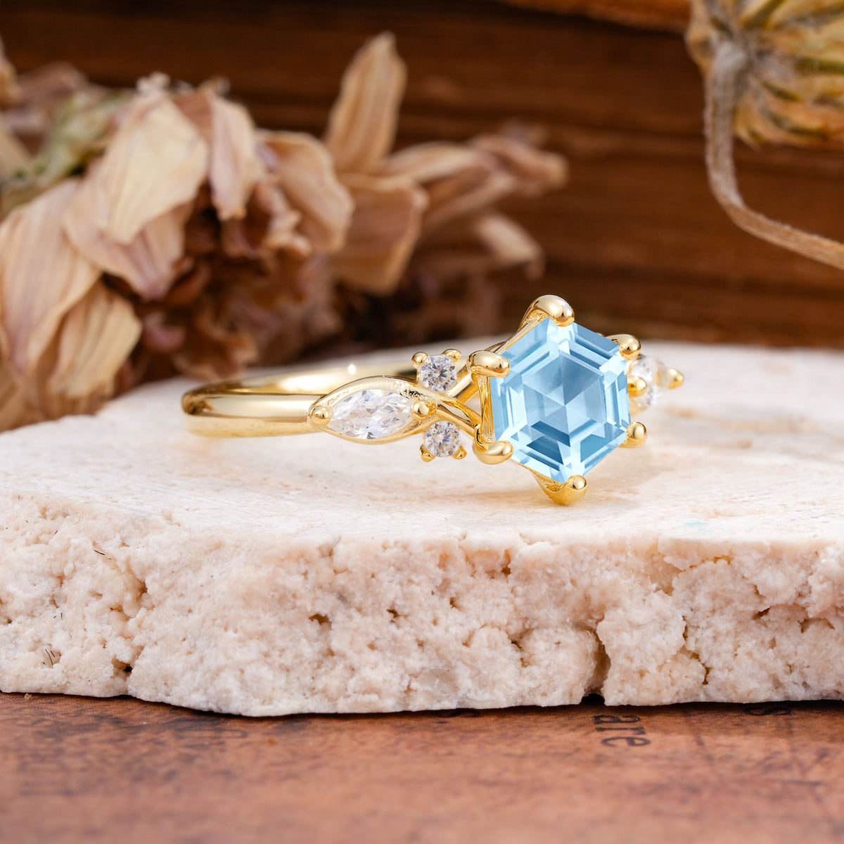 Nature Inspired 6 Prong Leaf Hexagon Cut Aquamarine Engagement Ring - Additional view