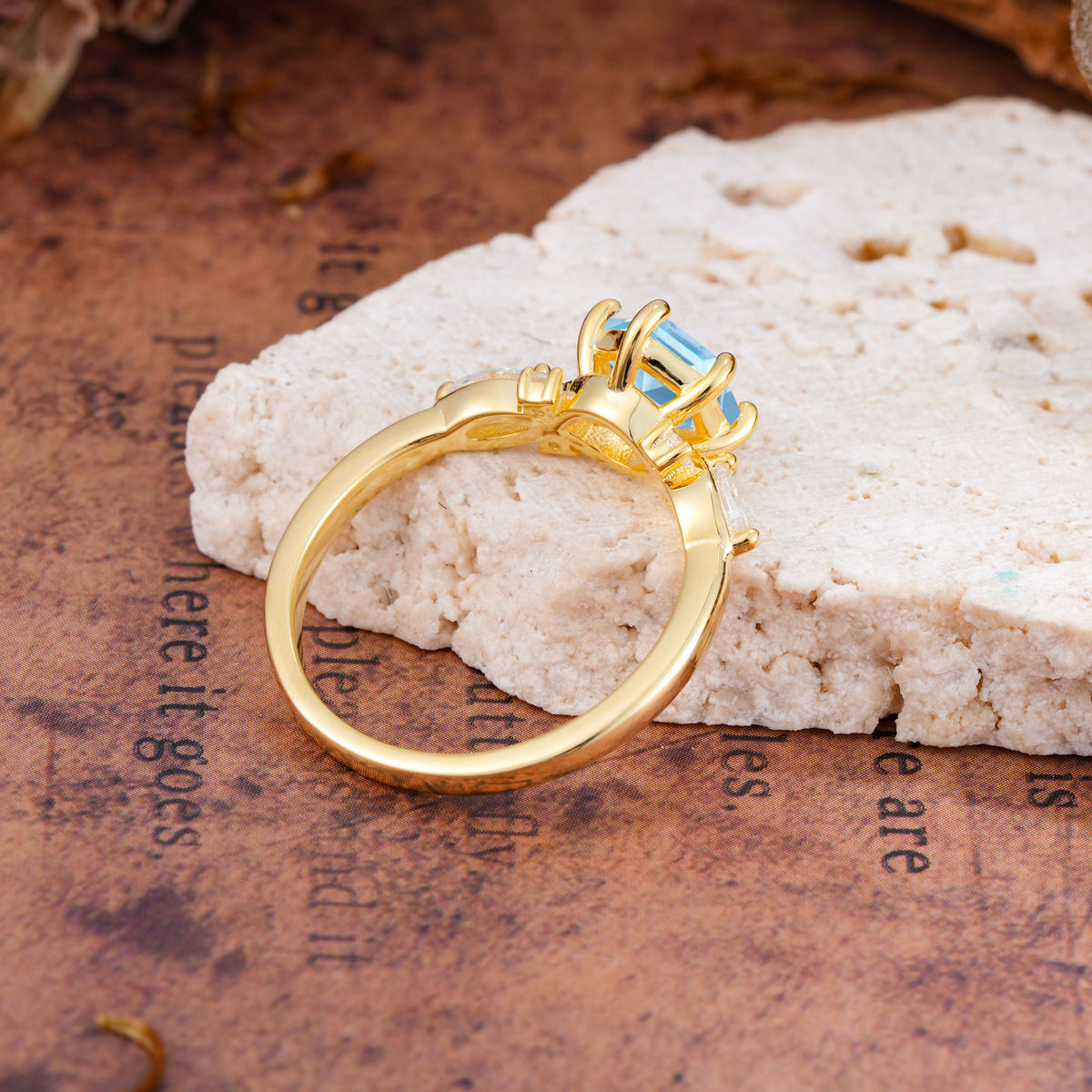 Nature Inspired 6 Prong Leaf Hexagon Cut Aquamarine Engagement Ring - Additional view