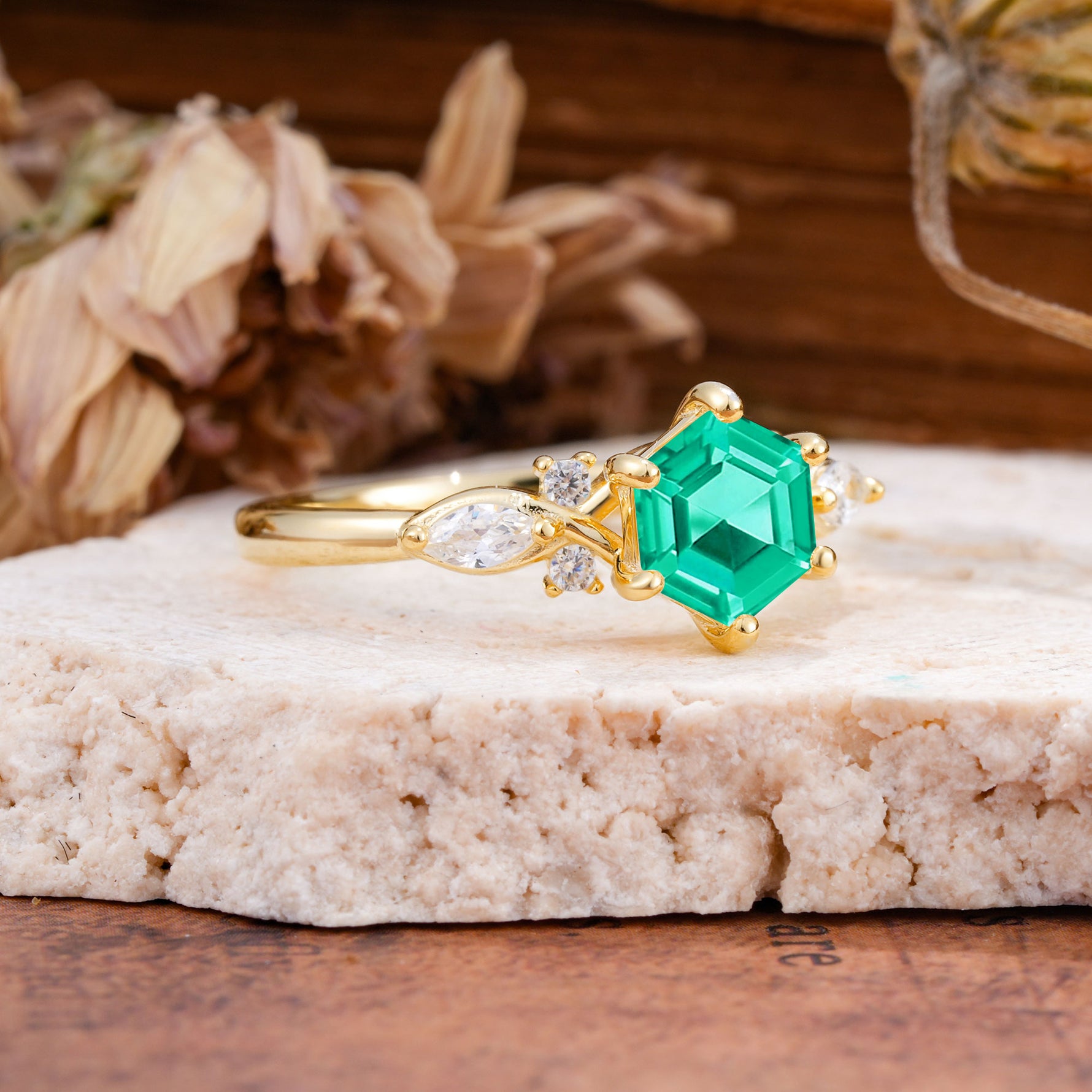 Nature Inspired 6 Prong Leaf Hexagon Cut Emerald Engagement Ring - Additional view