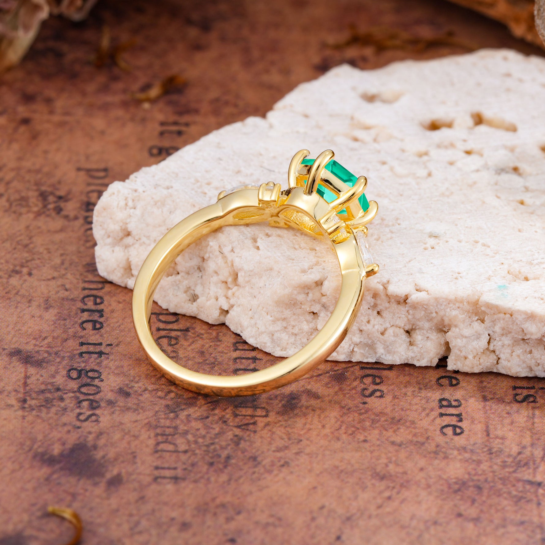 Nature Inspired 6 Prong Leaf Hexagon Cut Emerald Engagement Ring - Additional view