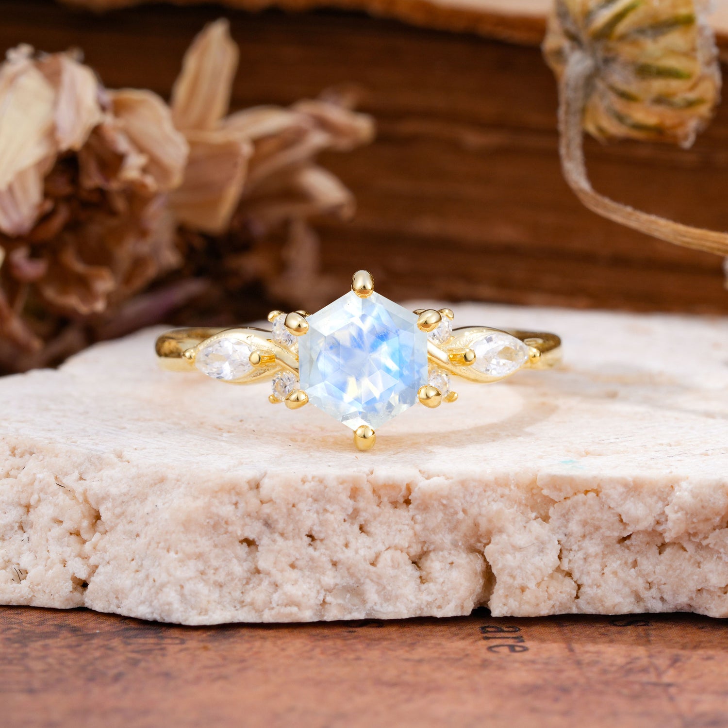 Nature Inspired 6 Prong Leaf Hexagon Cut Moonstone Engagement Ring - Additional view