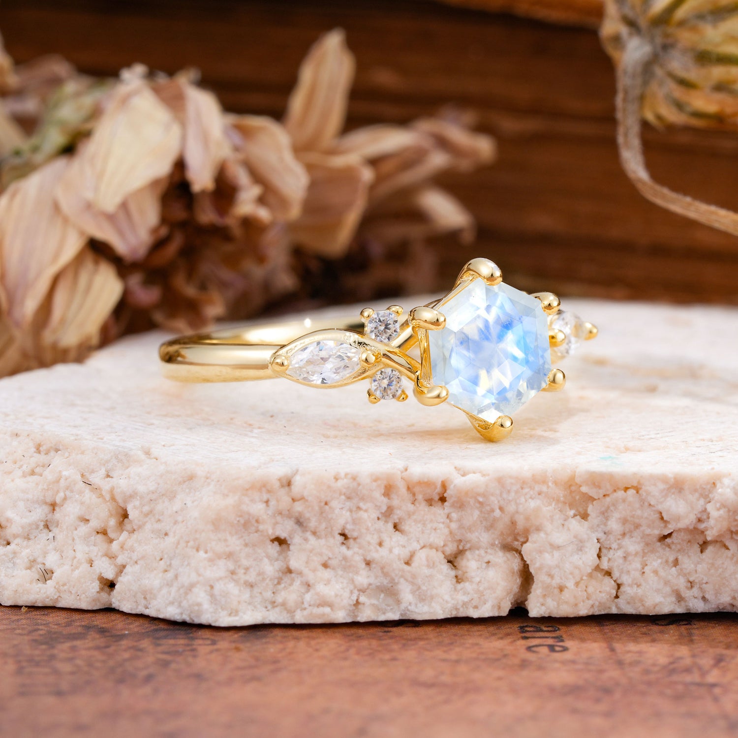 Nature Inspired 6 Prong Leaf Hexagon Cut Moonstone Engagement Ring - Additional view