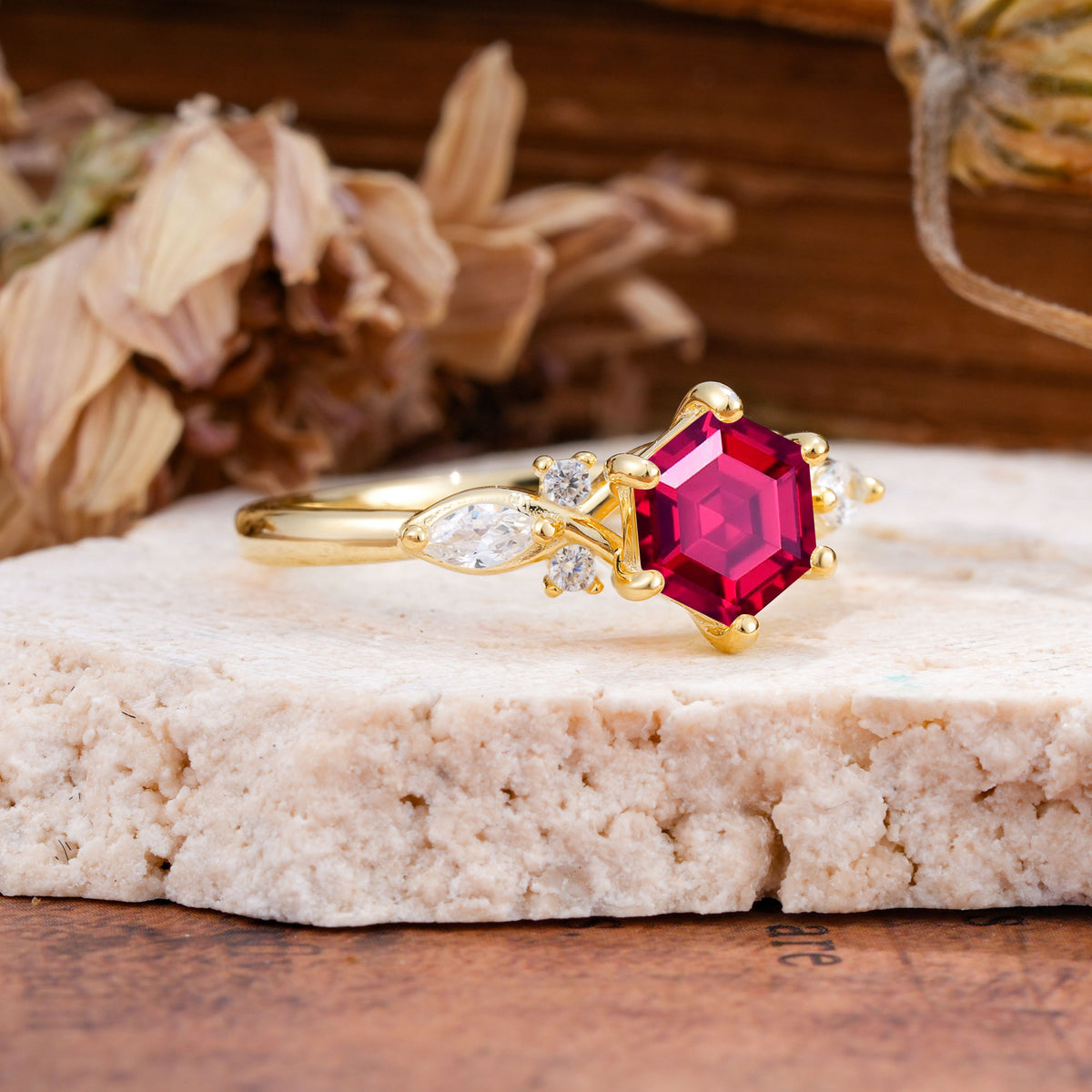 Nature Inspired 6 Prong Leaf Hexagon Cut Ruby Engagement Ring - Additional view