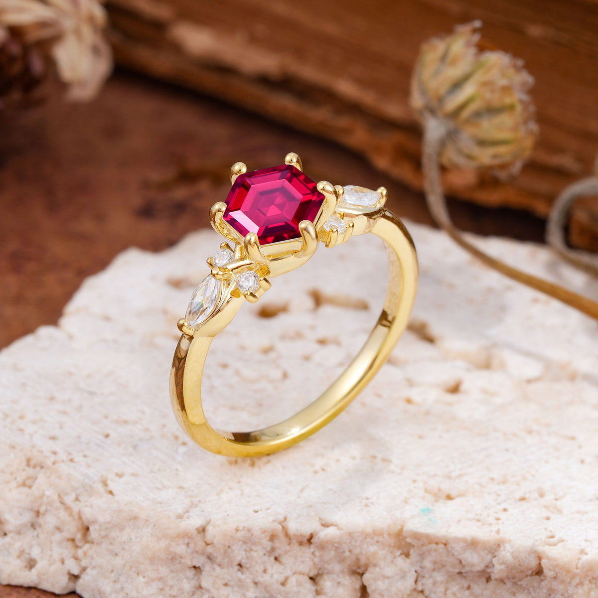 Nature Inspired 6 Prong Leaf Hexagon Cut Ruby Engagement Ring - Additional view