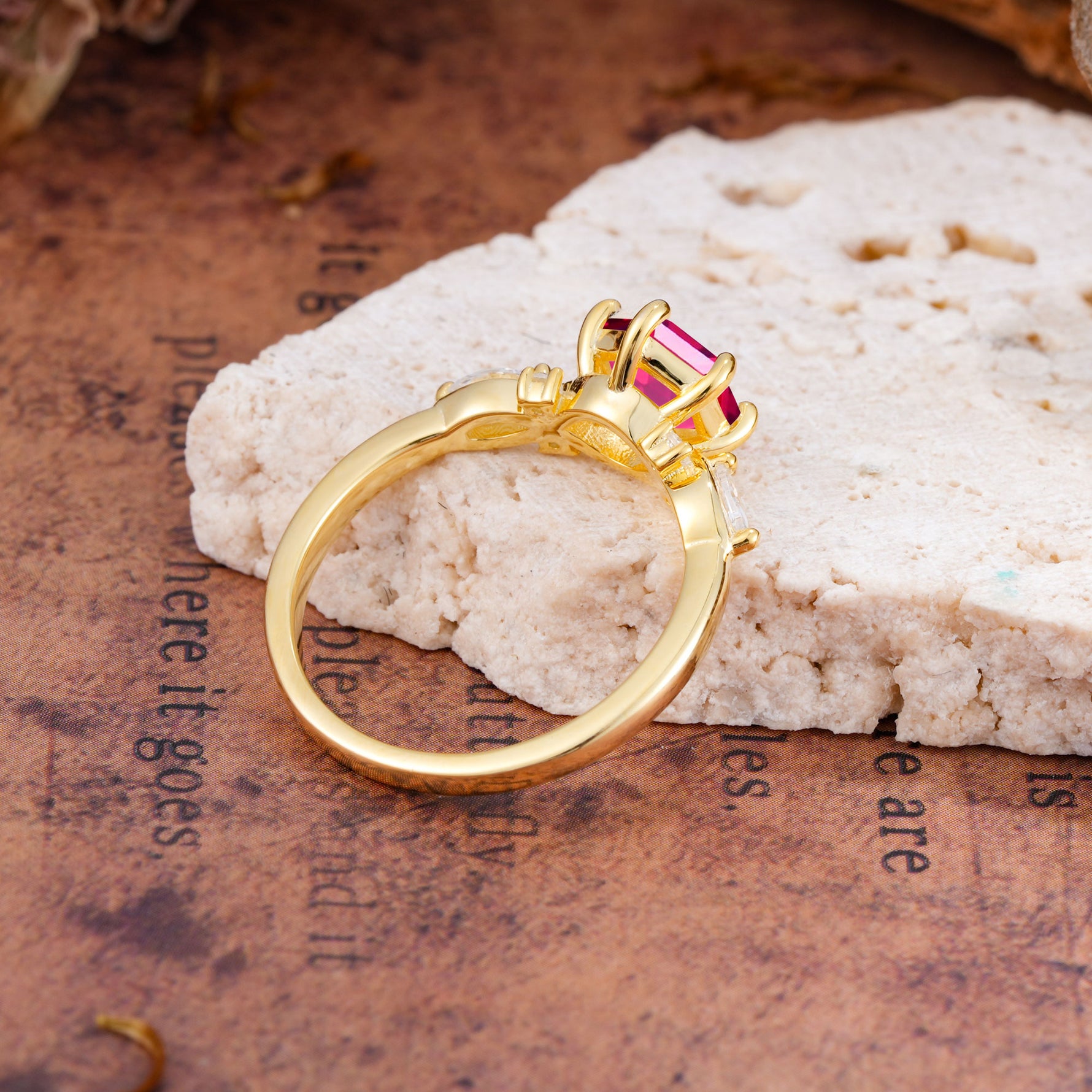 Nature Inspired 6 Prong Leaf Hexagon Cut Ruby Engagement Ring - Additional view