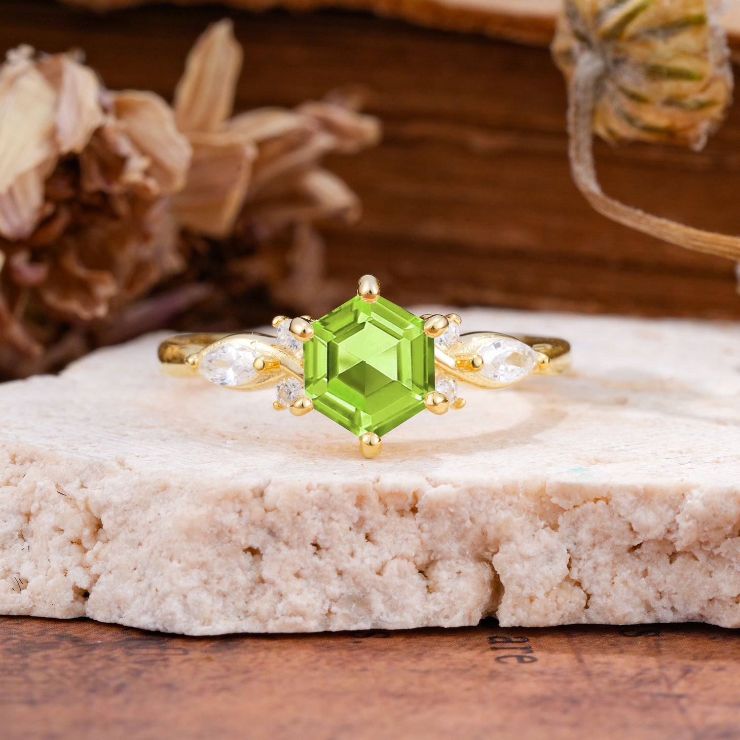 Nature Inspired 6 Prong Leaf Hexagon Cut Peridot Engagement Ring - Additional view