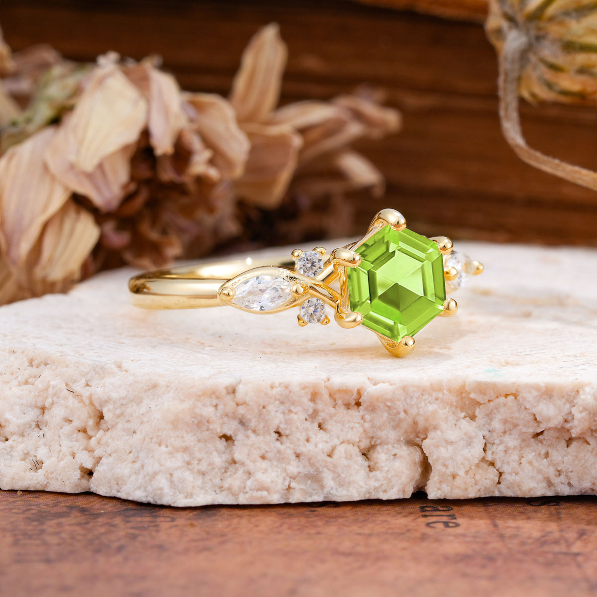 Nature Inspired 6 Prong Leaf Hexagon Cut Peridot Engagement Ring - Additional view