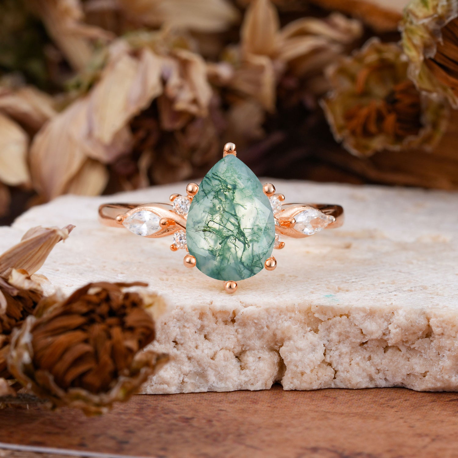 Vintage Pear Cut Moss Agate Three Side Stone Engagement Ring with Accents - Additional view