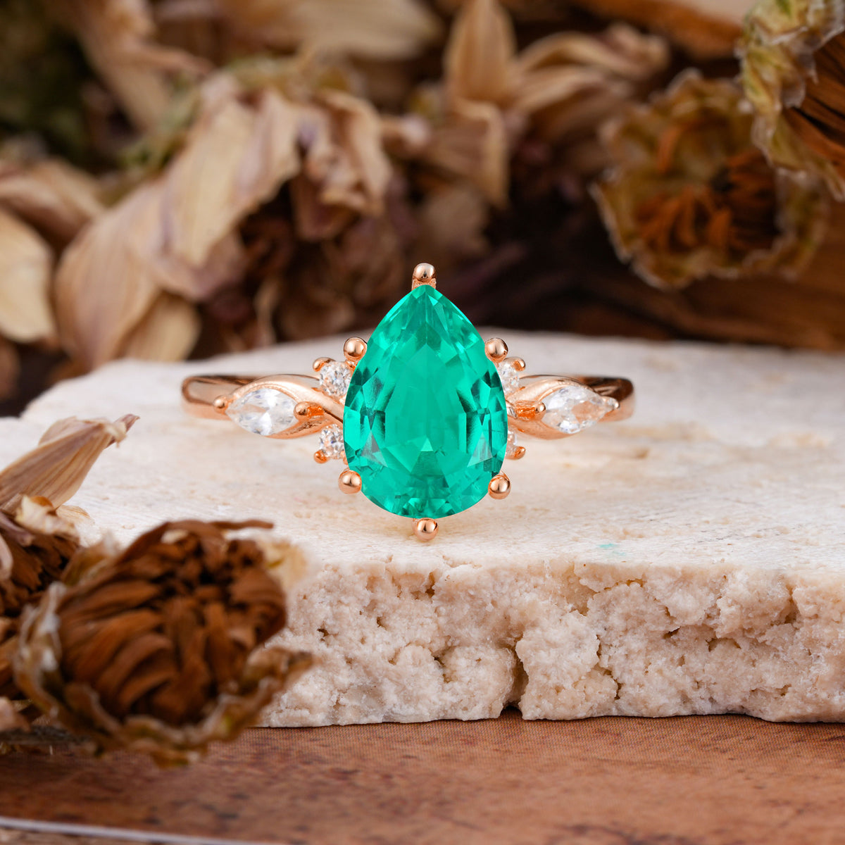Vintage Pear Cut Emerald Three Side Stone Engagement Ring with Accents - Additional view