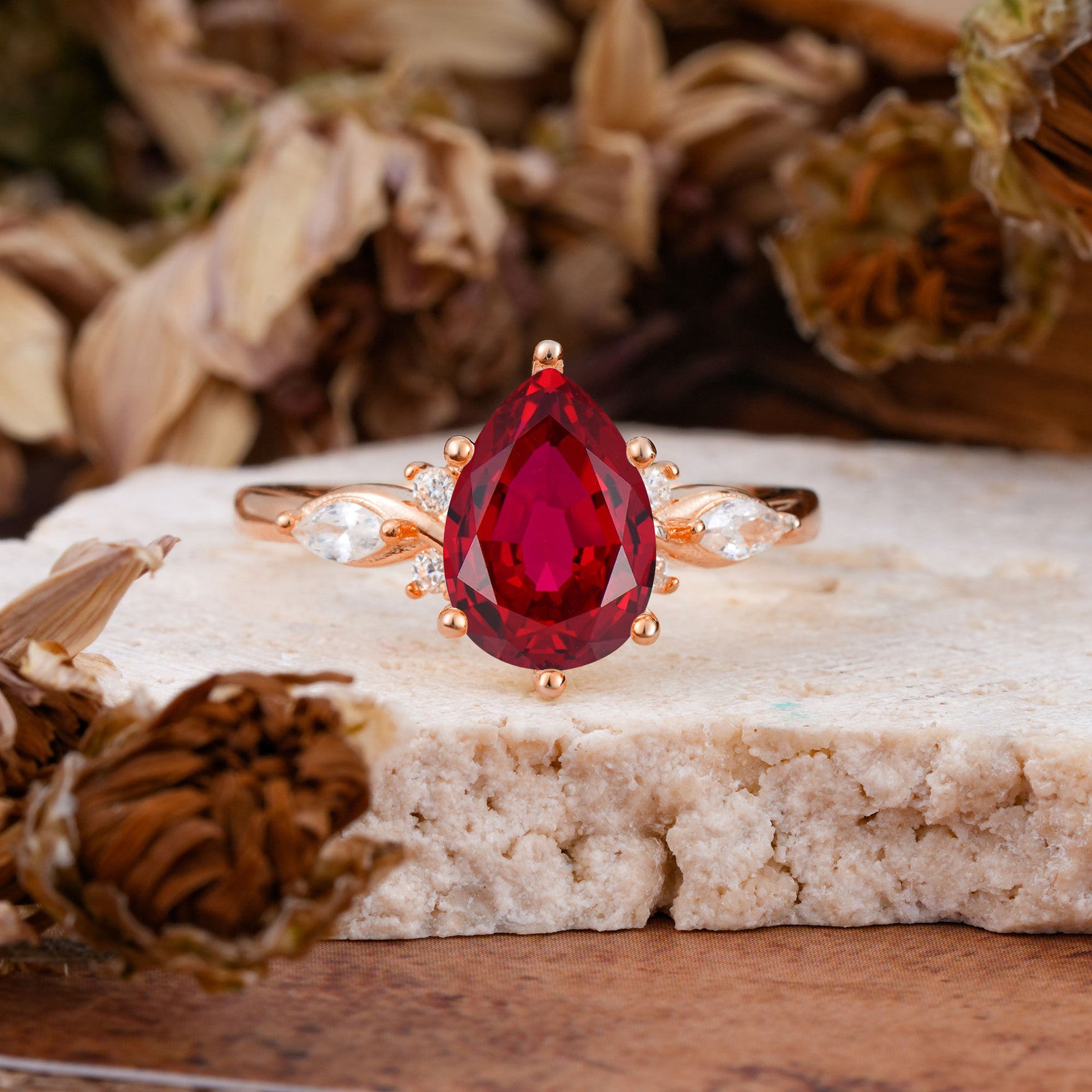 Vintage Pear Cut Ruby Three Side Stone Engagement Ring with Accents - Additional view