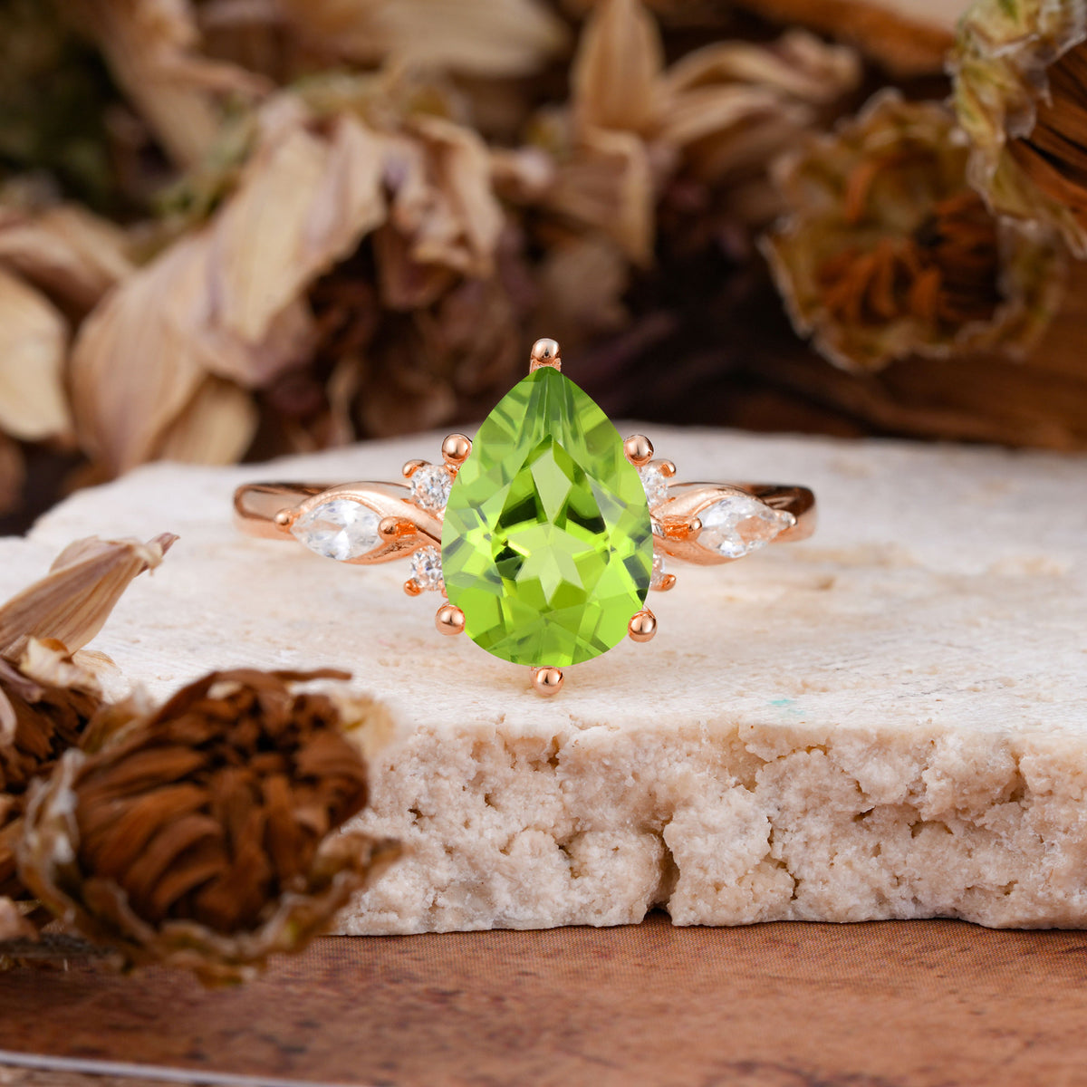 Vintage Pear Cut Peridot Three Side Stone Engagement Ring with Accents - Additional view