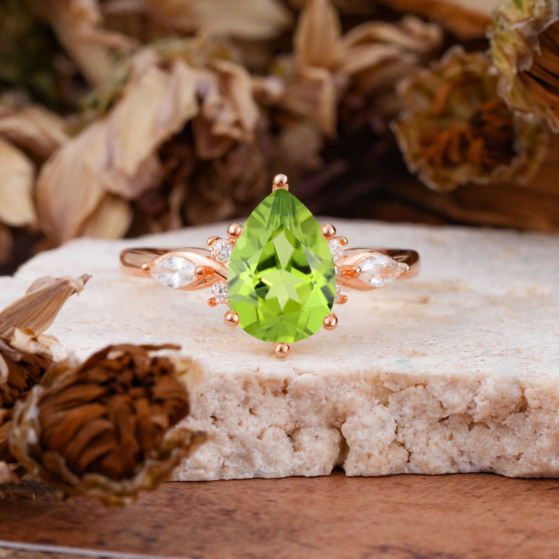 Vintage Pear Cut Peridot Three Side Stone Engagement Ring with Accents - Additional view