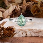 Vintage Pear Cut Moss Agate Three Side Stone Engagement Ring with Accents - Additional view